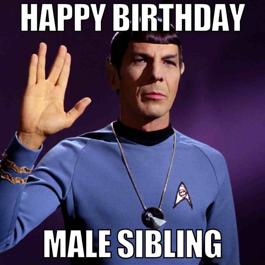 star trek brother birthday meme Spock from Star Trek raises his hand in a Vulcan salute, with the text 'Happy Birthday Male Sibling' above and below him, humorously emulating the classic brother meme style. Just imagine your brother responding with 'Live long and prosper... but don’t touch my stuff!'"