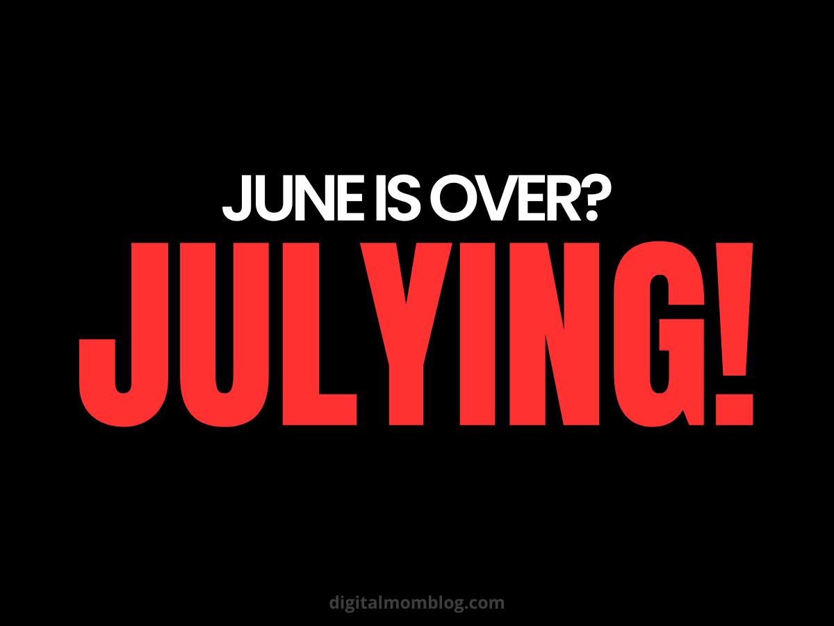 Bold red and white text on a black background reads "June is over? JULYING!" – funny July meme pun playing on the word "lying."