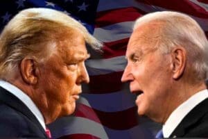 Joe Biden and Donald Trump in front of us flag at the first 2024 united states presidential debate