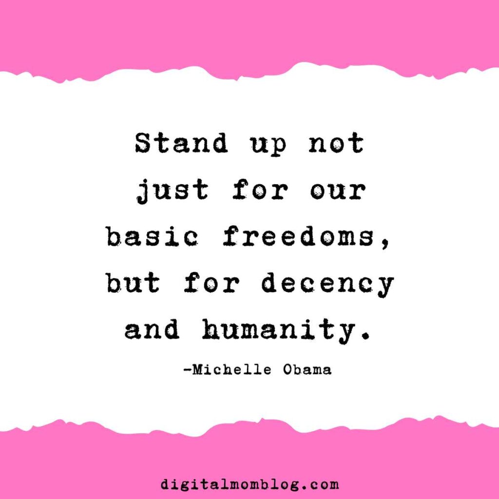 humanity quote michelle obama dnc speech Meme with a quote by Michelle Obama: 'Stand up not just for our basic freedoms, but for decency and humanity,' set against a torn paper design with a pink border.
