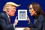 2024 presidential debate bingo card showing donald trump and kamala harris debating
