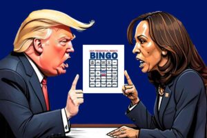 2024 presidential debate bingo card showing donald trump and kamala harris debating