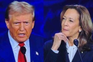A meme featuring a splitscreen of an animated Donald Trump speaking next to a thoughtful woman holding her chin, likely imagining a witty comeback.