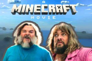 Two bearded adventurers, possibly on a quest to find diamonds, pose dramatically under a 'Minecraft Movie' poster, ready to chop blocks and crack jokes in pixelated glory.