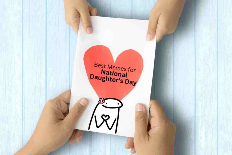 Overhead view of two pairs of hands holding a paper with a big red heart and the text 'Best Memes for National Daughter's Day,' featuring a cute doodle character bursting with love; guaranteed to make your daughter laugh, cry, or ask for money.