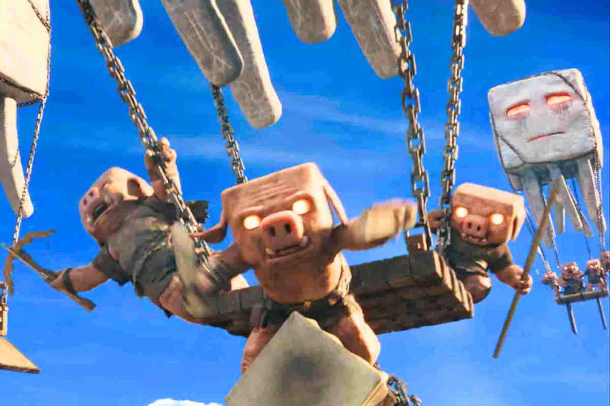 pigs minecraft movie teaser Minecraft piglins swinging on chains like it's a cubethemed jungle gym, while a ghast judges their acrobatics with glowing eyes.
