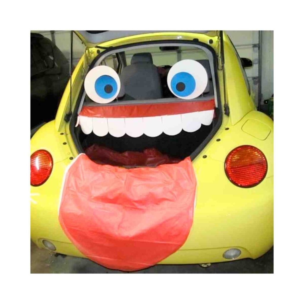 car trunk or treat idea silly face car decorated as a face for trunk or treat
