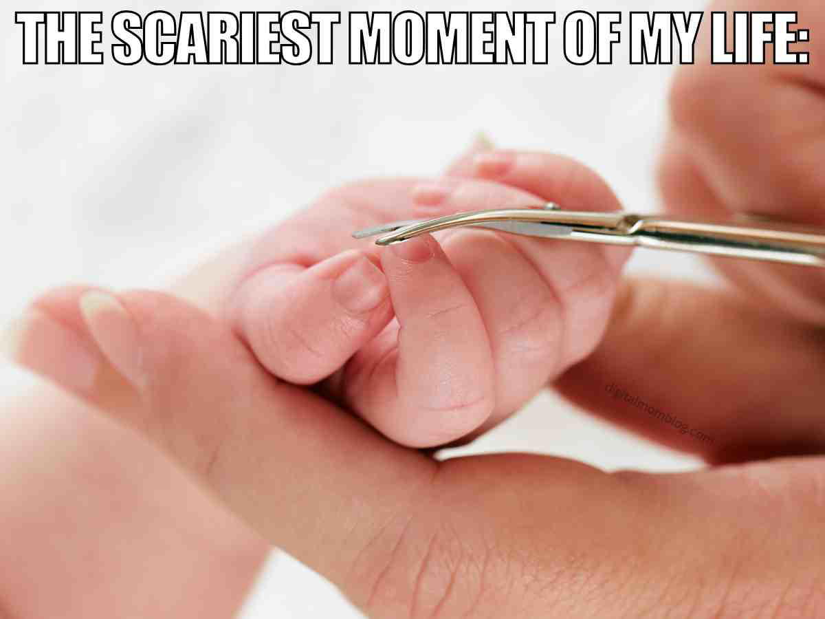first time cutting baby nails meme A close-up of a baby’s hand getting its nails clipped with scissors, captioned 'The scariest moment of my life,' humorously capturing the vibe of surviving another Thursday scare.