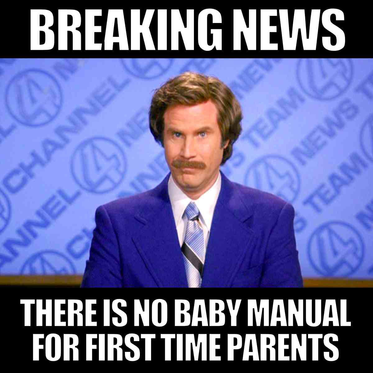 first time parents meme Meme featuring a news anchor with the text: 'Breaking News: There is no baby manual for first-time parents.'