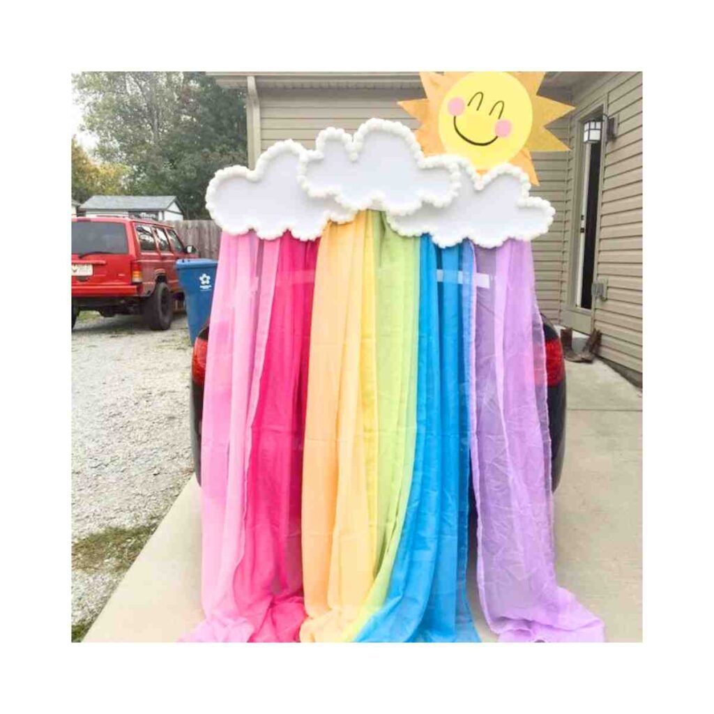 fun trunk or treat idea clouds and rainbow easy trunk or treat idea for back of car