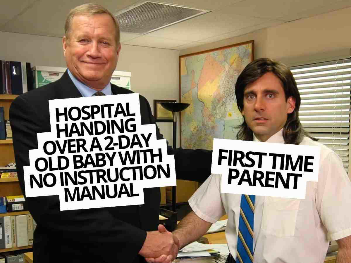 funny first time parent meme Meme of a hospital official handing a bewildered first-time parent an imaginary baby without instructions; classic parenting humor capturing the ‘what now?’ moment.