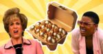 Hilarious egg meme showing two people with exaggerated facial expressions reacting to a carton of golden eggs, suggesting these eggs might be more valuable than your morning breakfast; comedy meets culinary in this yolkfilled scene.