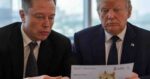 elon musk and donald trump in suits looking at a piece of paper featuring an image of Doge check