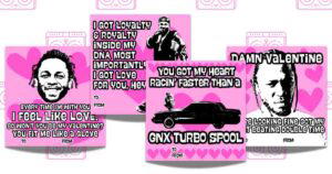 Printable Kendrick Lamarthemed Valentine's Day cards with pink backgrounds, heart patterns, and rapinspired love puns