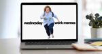 Laptop displaying a humorous Wednesday work meme featuring a person in a plaid shirt running energetically, emphasizing the midweek workday hustle.