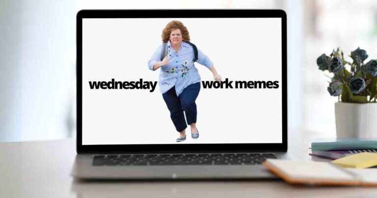 Laptop displaying a humorous Wednesday work meme featuring a person in a plaid shirt running energetically, emphasizing the midweek workday hustle.