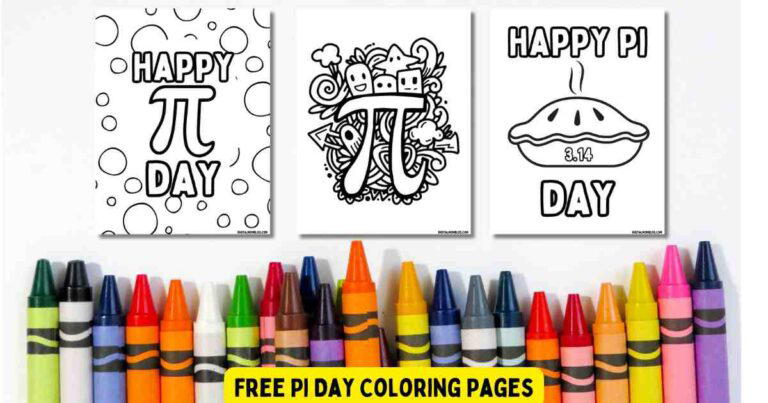 Three coloring pages for Pi Day featuring the pi symbol with various designs, surrounded by an array of colorful crayons at the bottom.
