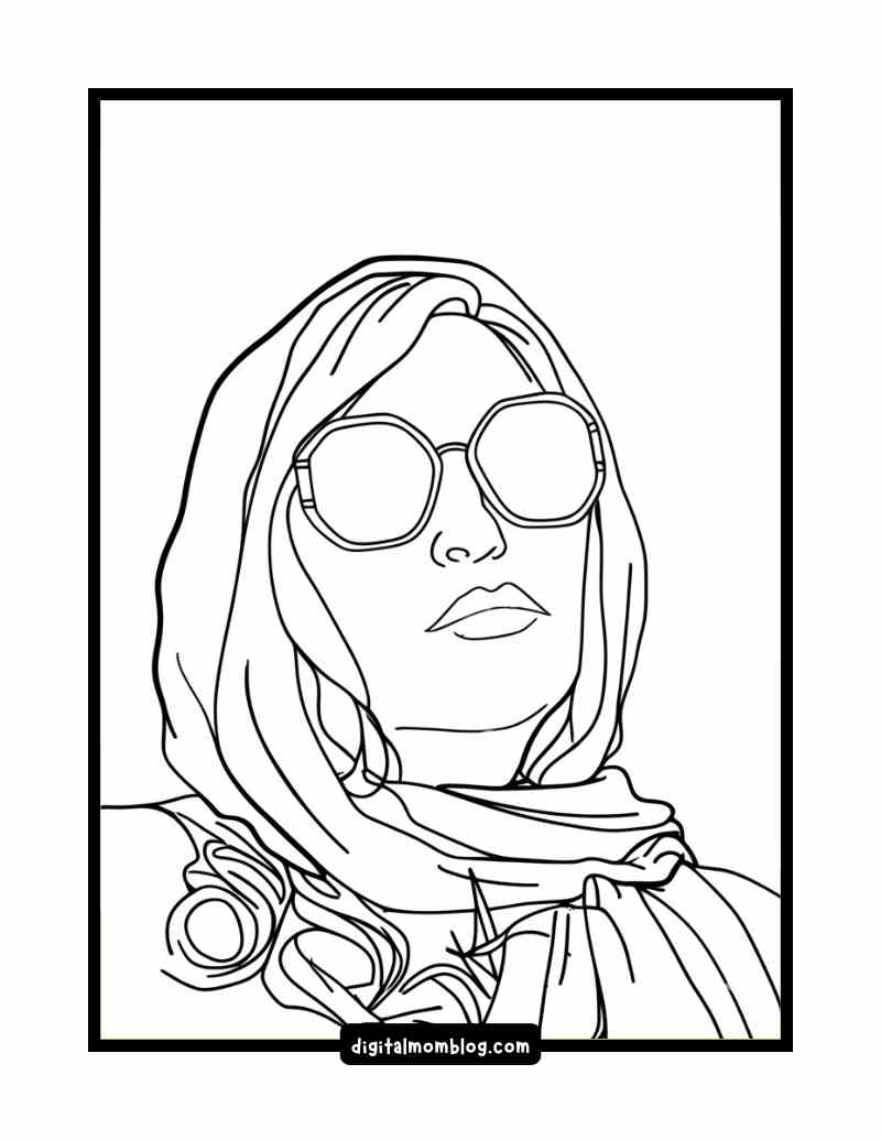 Tanya McQuoid coloring page white lotus Coloring page of White Lotus Tanya McQuoid wearing sunglasses and a headscarf, with long hair partially visible.
