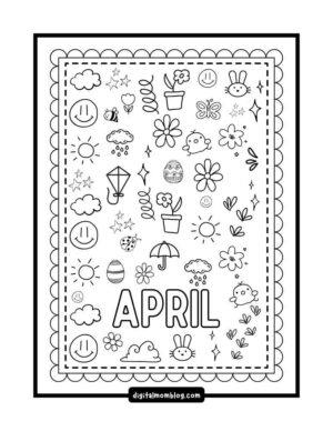 april coloring page Coloring page titled "April" featuring springthemed drawings such as flowers, raindrops, clouds, a kite, a butterfly, a bee, and Easter eggs framed with a scalloped border.