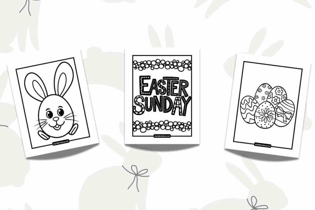 april coloring pages for easter Three Easterthemed coloring pages featuring a rabbit face, the words 'Easter Sunday' with decorative patterns, and decorated Easter eggs with various designs.