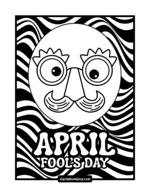 Black and white illustration featuring a circle with comical glasses, a mustache, and eyebrows against a wavy striped background with the text "April Fool's Day" at the bottom.