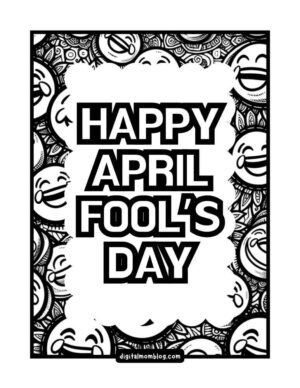 A detailed black and white illustration featuring the text 'Happy April Fool's Day' in bold, centered among a pattern of laughing emoji faces around the border.