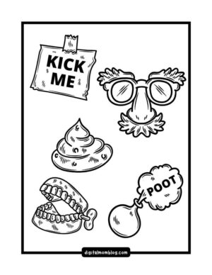 april fools prank coloring page A black and white illustration featuring humorous prank items, including a "Kick Me" sign, a pair of joke glasses with a fake nose and mustache, a whoopee cushion labeled "POOT," a pile of fake poop, and a set of chattering teeth.