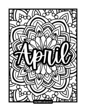 Black and white mandala coloring page with the word 'April' in bold letters in the center, surrounded by intricate geometric patterns.