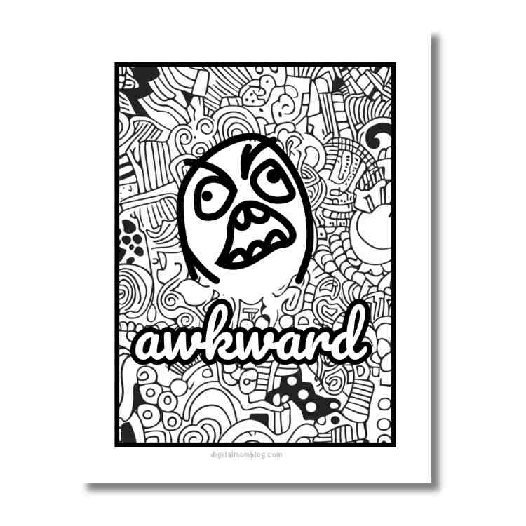 Illustration featuring a black and white doodle design with a stylized cartoon face expressing an awkward emotion at the center, and the word "awkward" in large text beneath it.