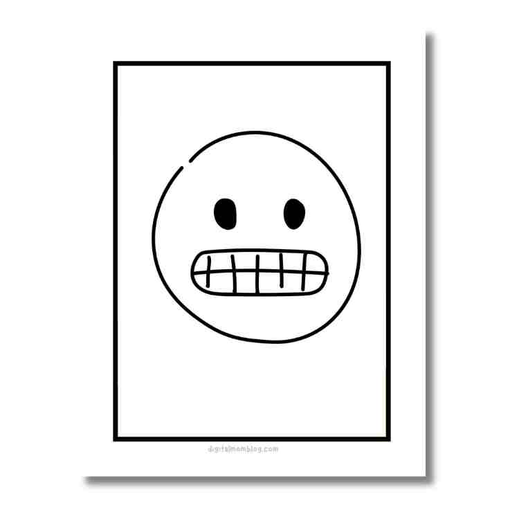 A minimalist drawing of a grinning face with a wide rectangular mouth and two large eyes on a plain white background, enclosed in a black rectangular frame.