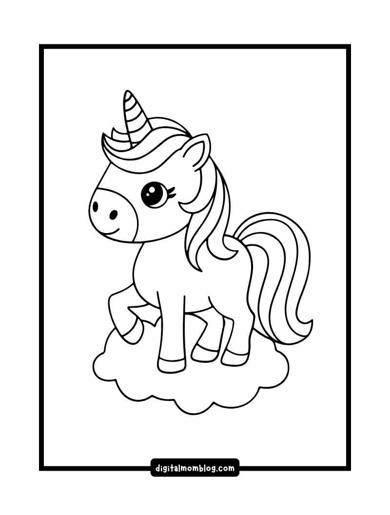 baby unicorn coloring page Illustration of a cute unicorn with a colorful horn and flowing mane, standing on a cloud, inside a rectangular frame.
