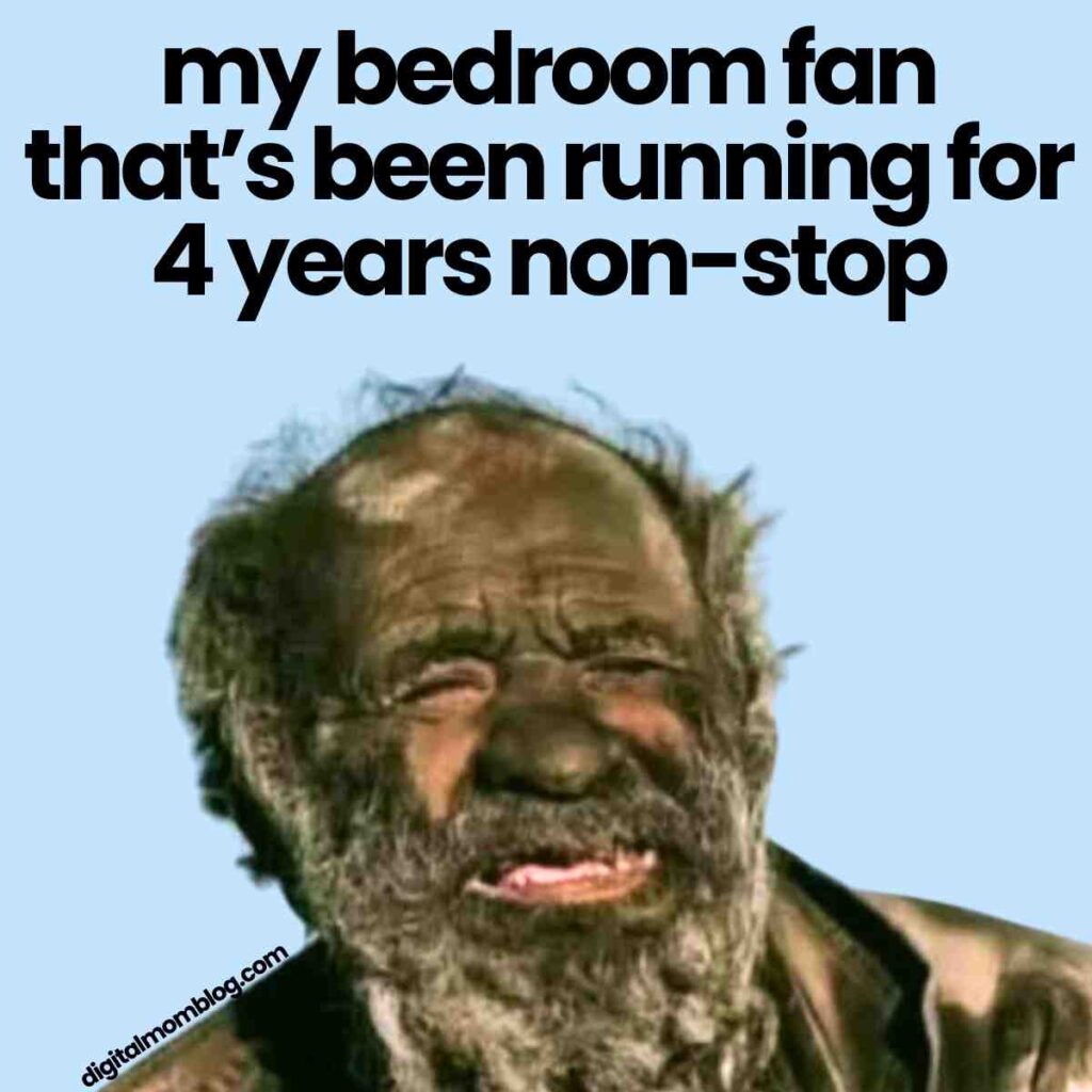 bedroom fan meme A meme featuring a weathered, dusty, bearded man with the humorous caption "my bedroom fan that's been running for 4 years nonstop."
