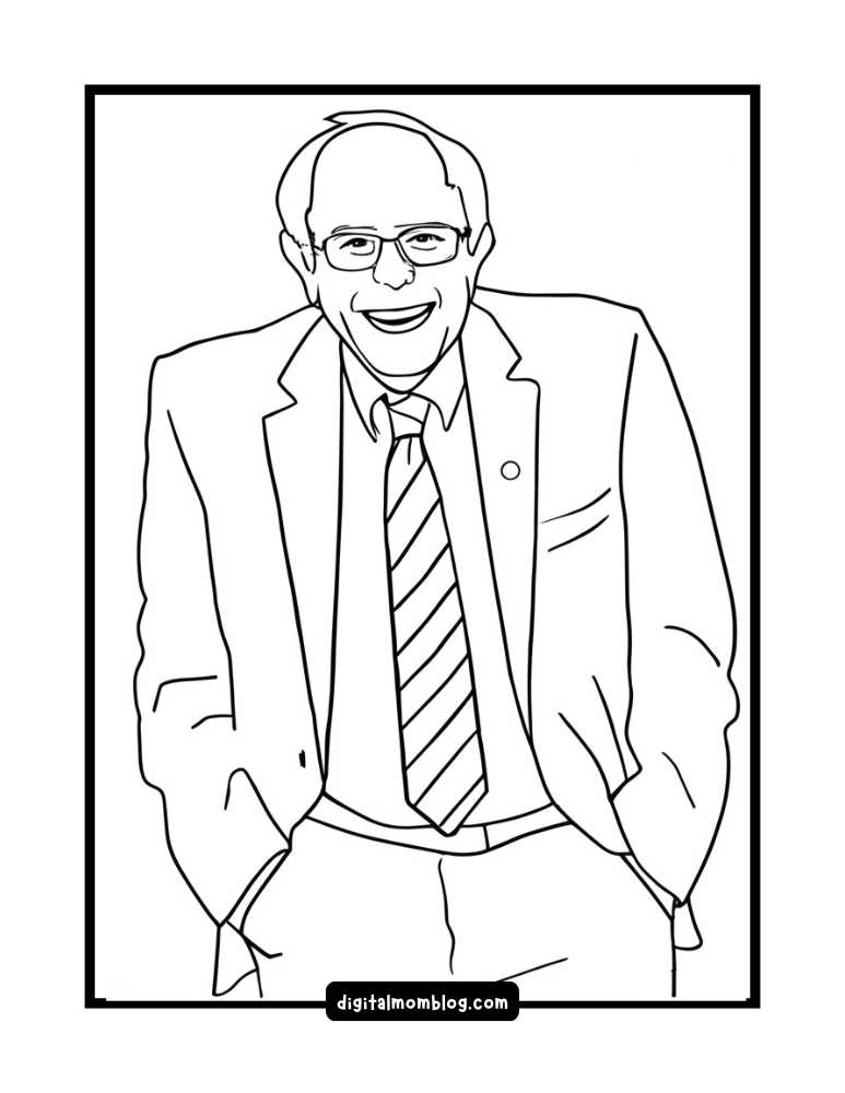 A black and white line drawing of a smiling man wearing glasses, a suit, and a striped tie, with his hands in his pockets.