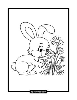 A cartoon rabbit with large ears and a fluffy tail, sitting and admiring a bunch of daisies in a grassy area, in a black and white coloring page format.