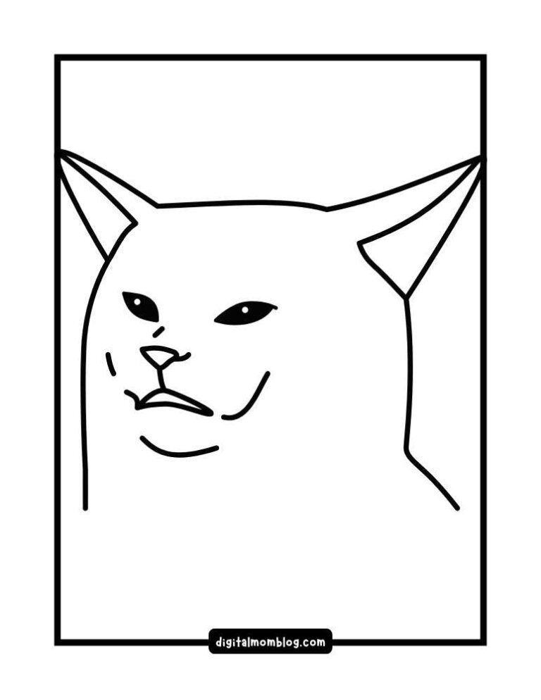 Outline drawing of a cat with exaggerated features, including large ears and small smiling eyes, giving it a slightly comical expression.