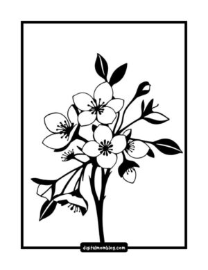 A black and white silhouette of a flowering branch with multiple blossoms and leaves, set against a plain background within a rectangular frame.