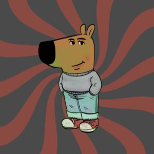 chill guy An animated character with a dog's head and human body, wearing a gray sweater, light blue pants, and red sneakers, standing against a gray and red swirling background.
