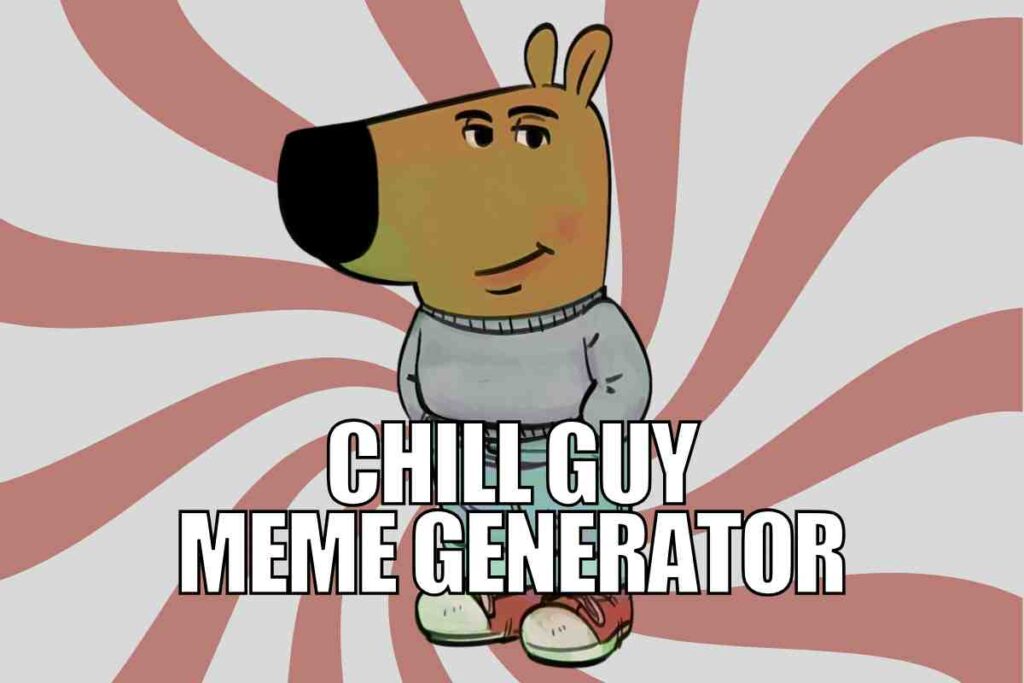 chill guy meme generator Illustration of a cartoon character resembling an anthropomorphic animal wearing a gray sweater and red sneakers, with the text 'CHILL GUY MEME GENERATOR' overlaid, set against a background with swirling red and white stripes.