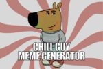 Illustration of a cartoon character resembling an anthropomorphic animal wearing a gray sweater and red sneakers, with the text 'CHILL GUY MEME GENERATOR' overlaid, set against a background with swirling red and white stripes.