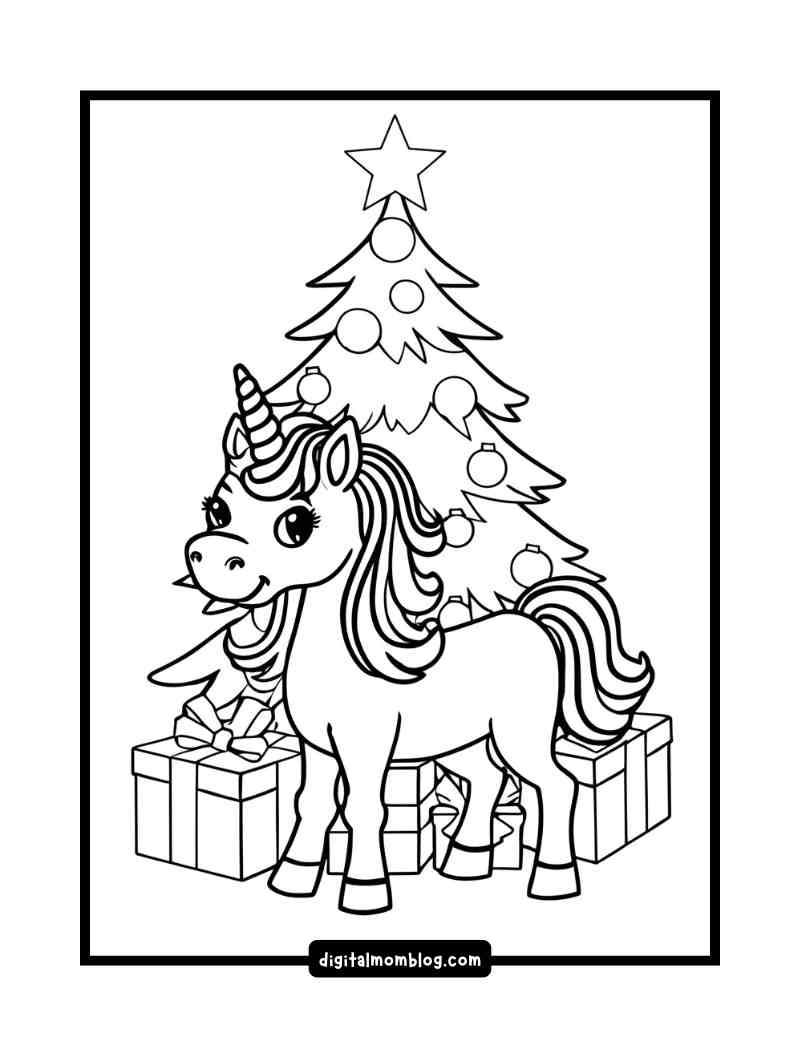 christmas unicorn coloring page A coloring page featuring a unicorn with a long flowing mane standing in front of a decorated Christmas tree with ornaments and a star on top. Several wrapped presents are placed around the unicorn.