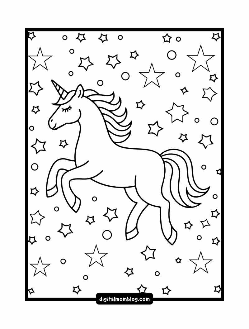 classic unicorn coloring page A coloring page featuring a unicorn with a flowing mane and tail, surrounded by various stars and small circles, set against a white background.