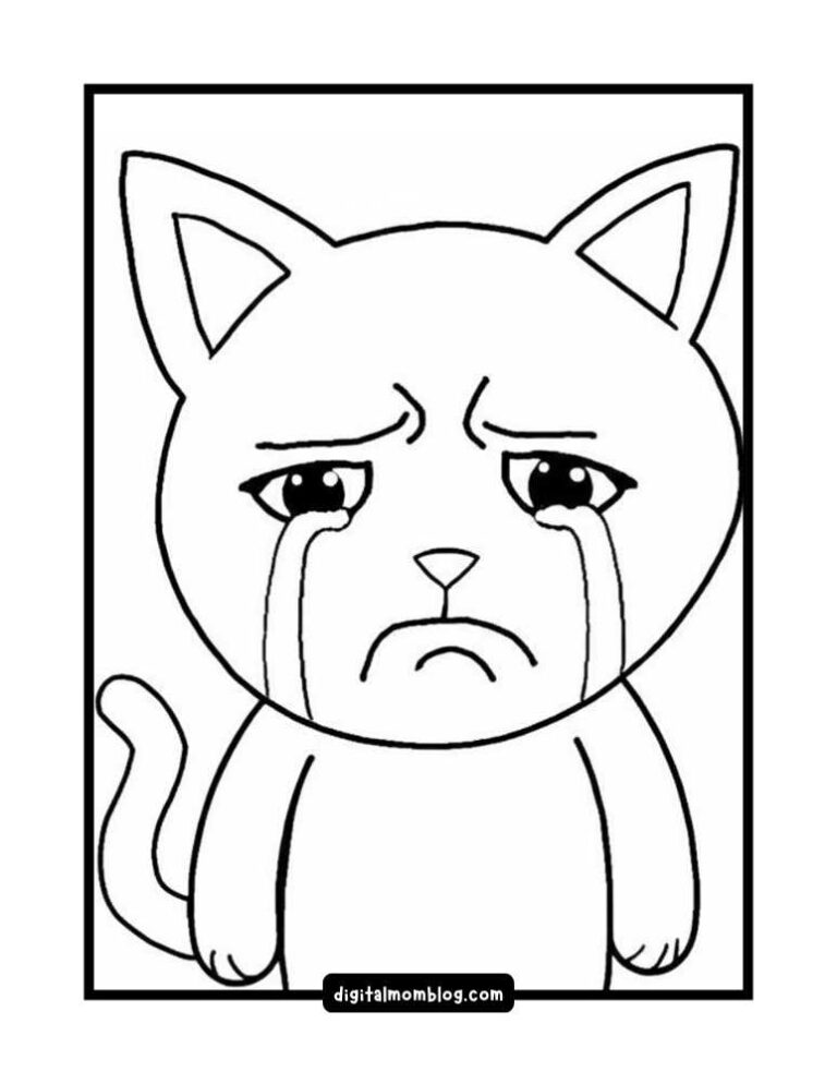 A simple black and white illustration of a cartoon cat with large eyes, tears streaming down its face, and a sad expression, set against a plain background.