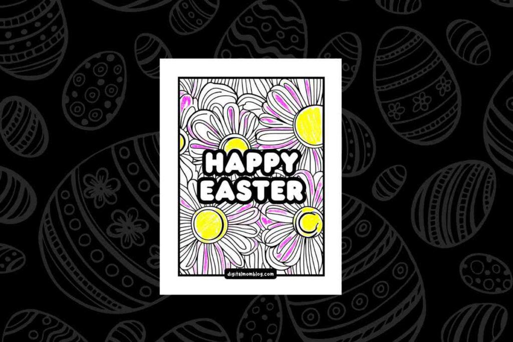 cute easter coloring pages Happy Easter cute coloring page with daisies and the words 'Happy Easter' in bold lettering, partially colored with yellow and pink, on a black background with Easter egg designs.