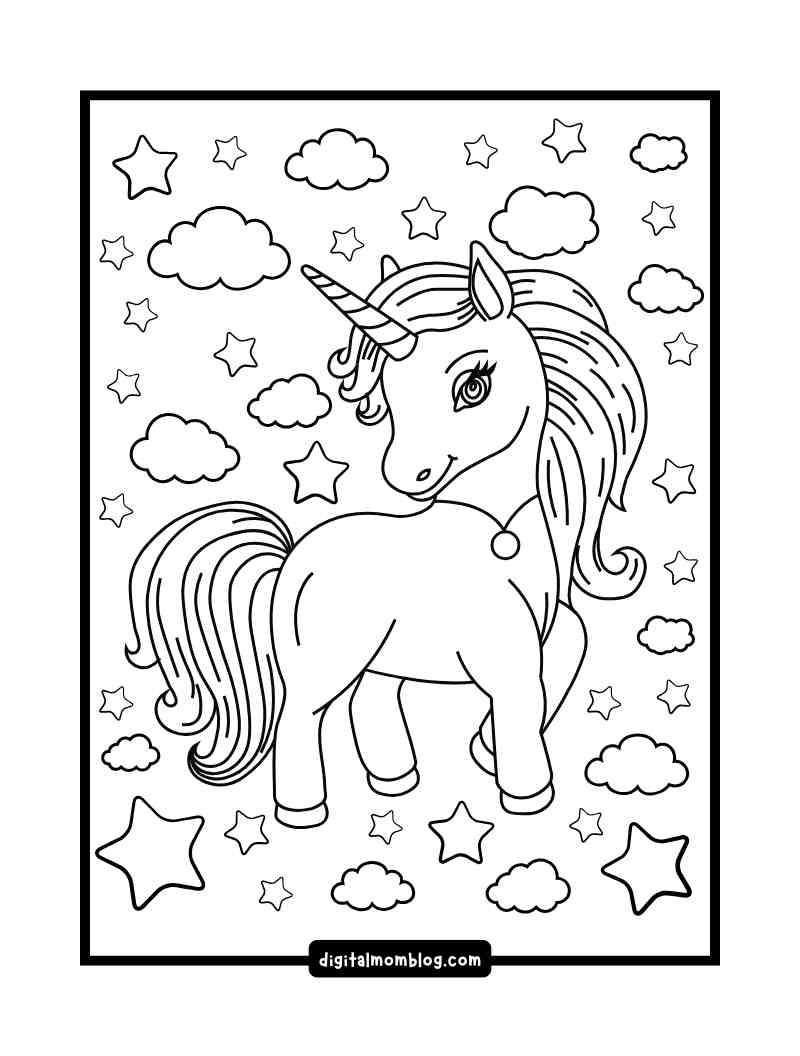cute unicorn coloring page A coloring page featuring a unicorn with a flowing mane and tail, surrounded by clouds and stars.