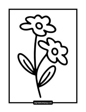 A simple black and white illustration of two flowers with rounded petals and two leaves on a single stem, enclosed in a rectangular border.