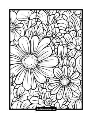 A black and white floral coloring page featuring a variety of outlined flowers with intricate petal and leaf designs, filling the entire page.