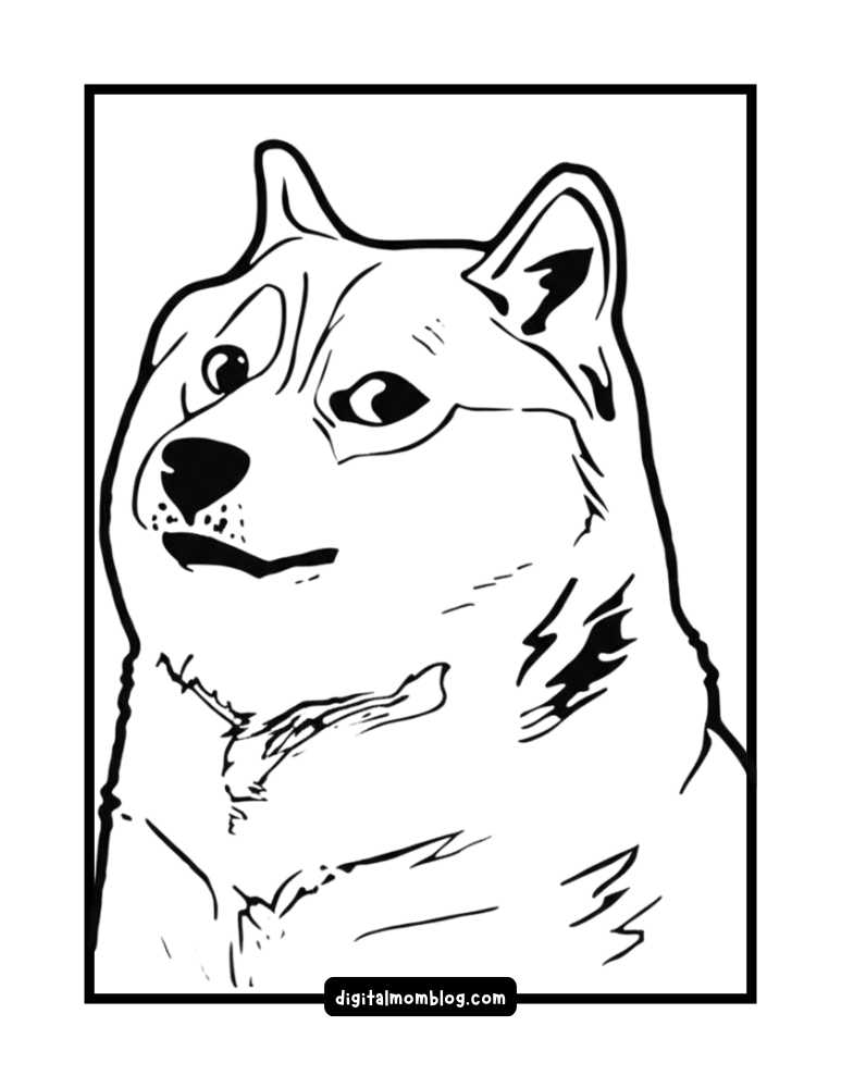 Stylized black and white drawing of a Shiba Inu dog with a humorous expression.