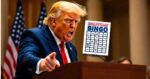 Donald Trump with a distinctive hairstyle, dressed in a suit, is speaking animatedly at a podium with American flags in the background. A bingo card titled "Donald Trump's 2025 Presidential Address Bingo" is prominently displayed beside them, featuring various terms associated with political topics.