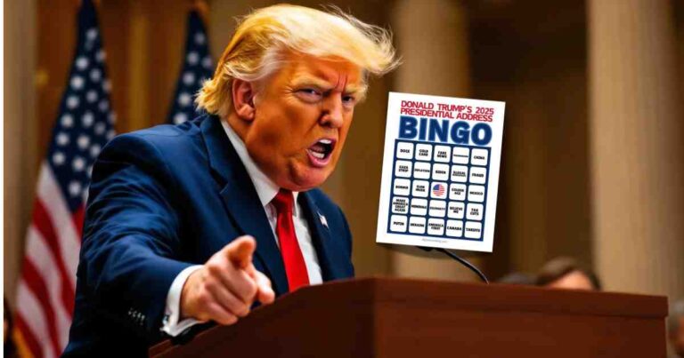 Donald Trump with a distinctive hairstyle, dressed in a suit, is speaking animatedly at a podium with American flags in the background. A bingo card titled "Donald Trump's 2025 Presidential Address Bingo" is prominently displayed beside them, featuring various terms associated with political topics.