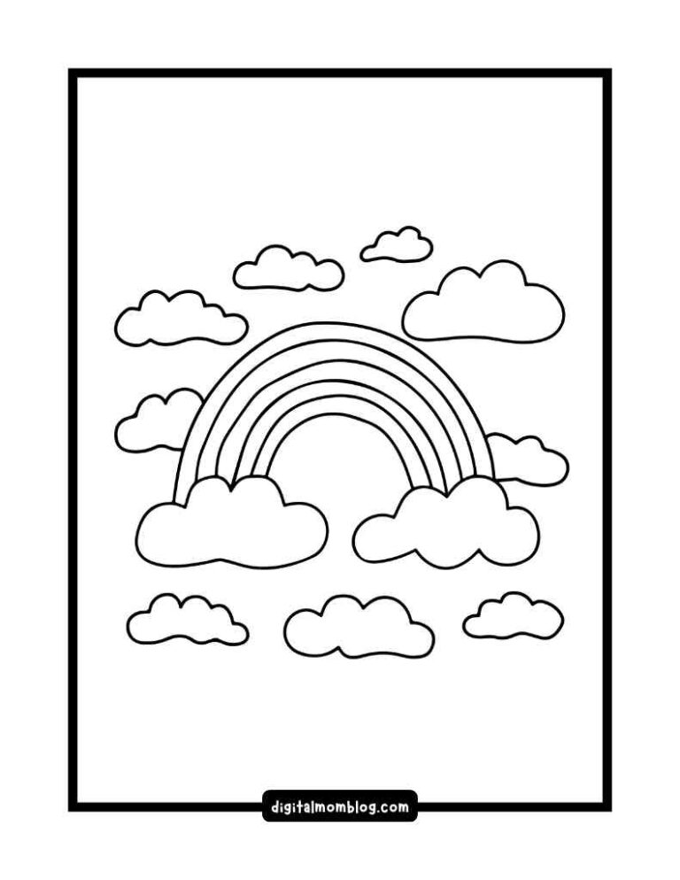A black and white coloring page featuring a rainbow arching over several clouds against a plain background.